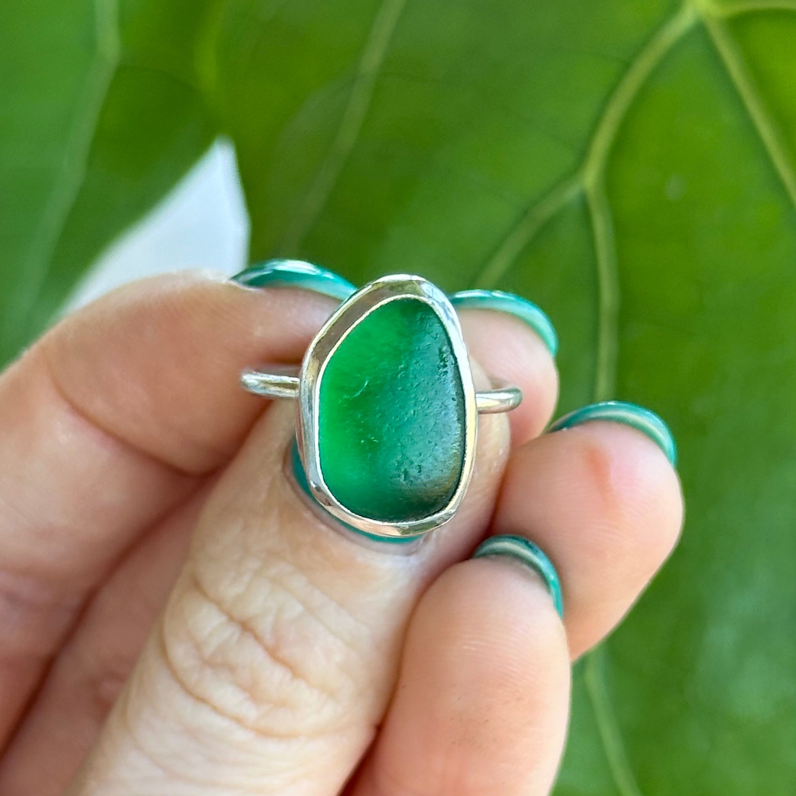 Lime Green Bezeled Sea Glass Ring Size 6.5