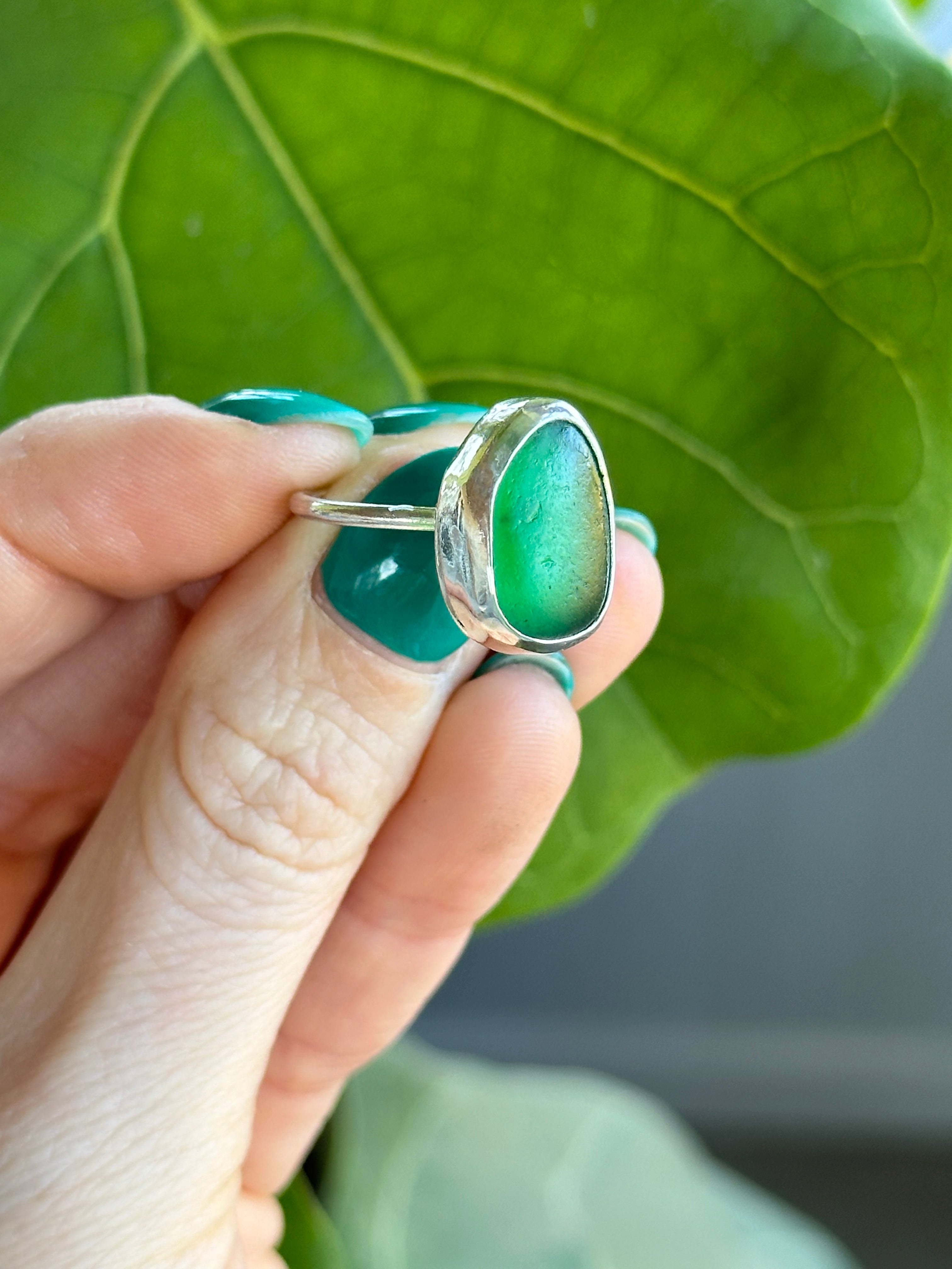 Lime Green Bezeled Sea Glass Ring Size 6.5