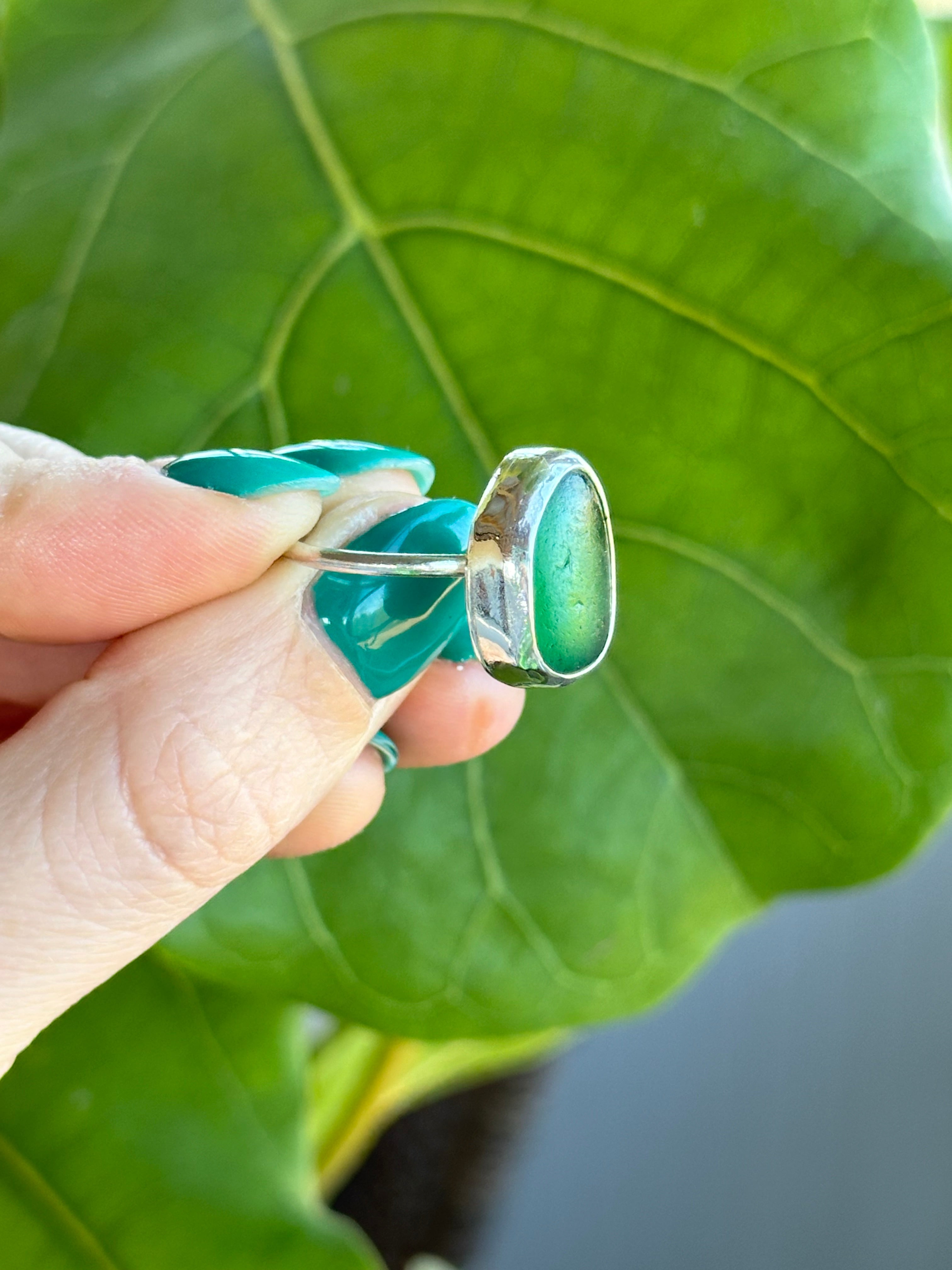 Lime Green Bezeled Sea Glass Ring Size 6.5