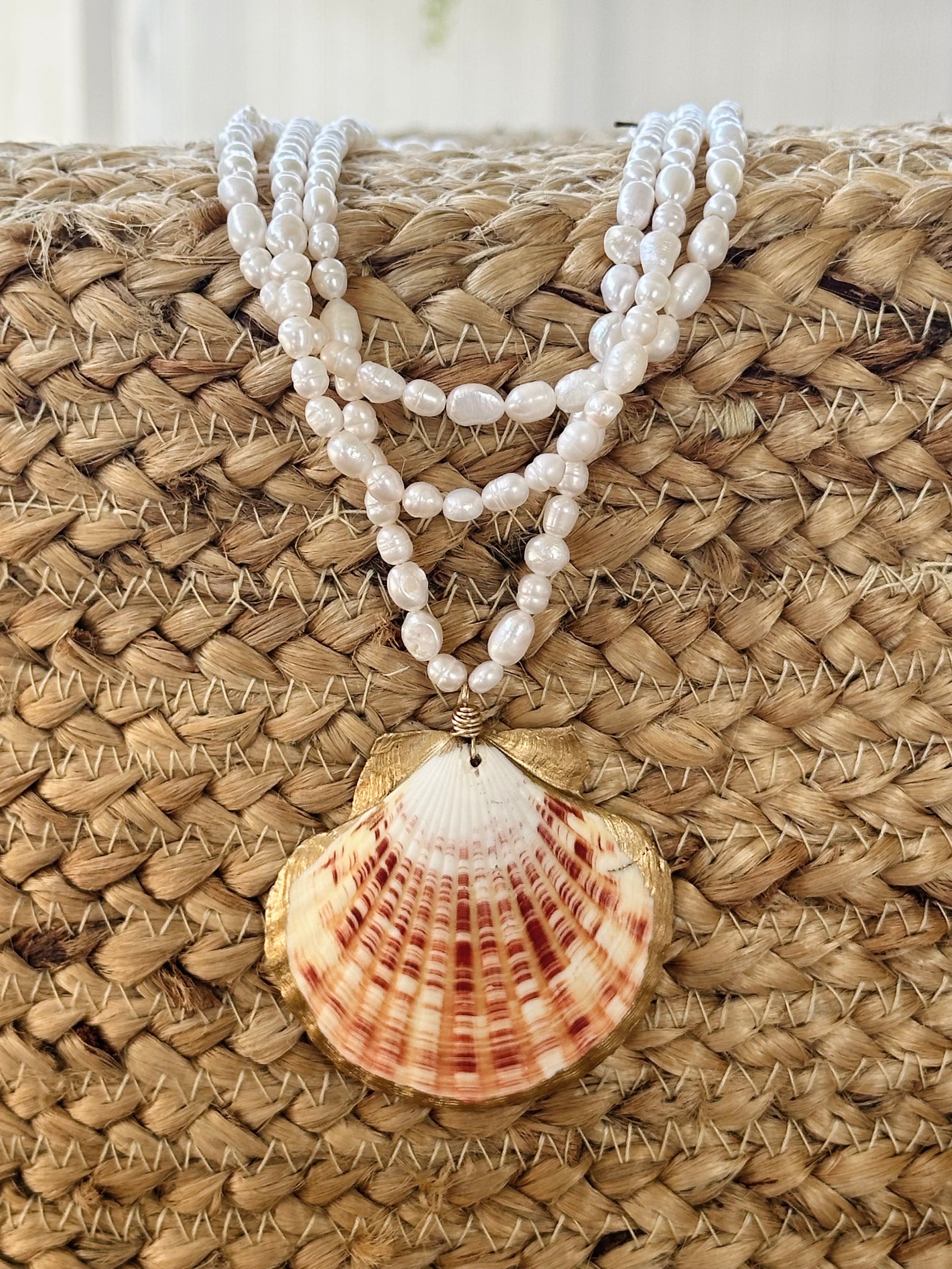 Multi Layered Pearl and Scallop Shell Beaded Necklace
