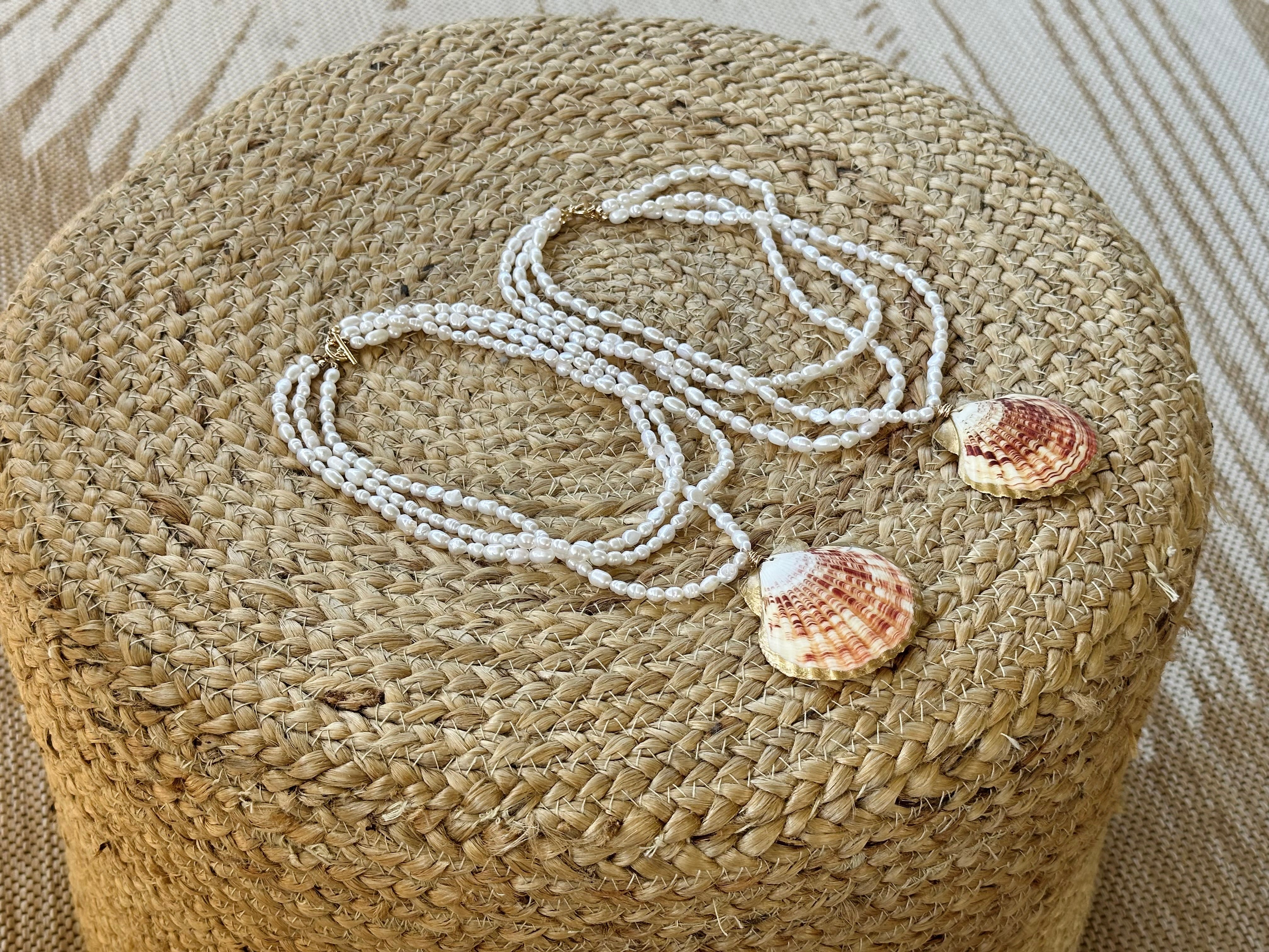 Multi Layered Pearl and Scallop Shell Beaded Necklace