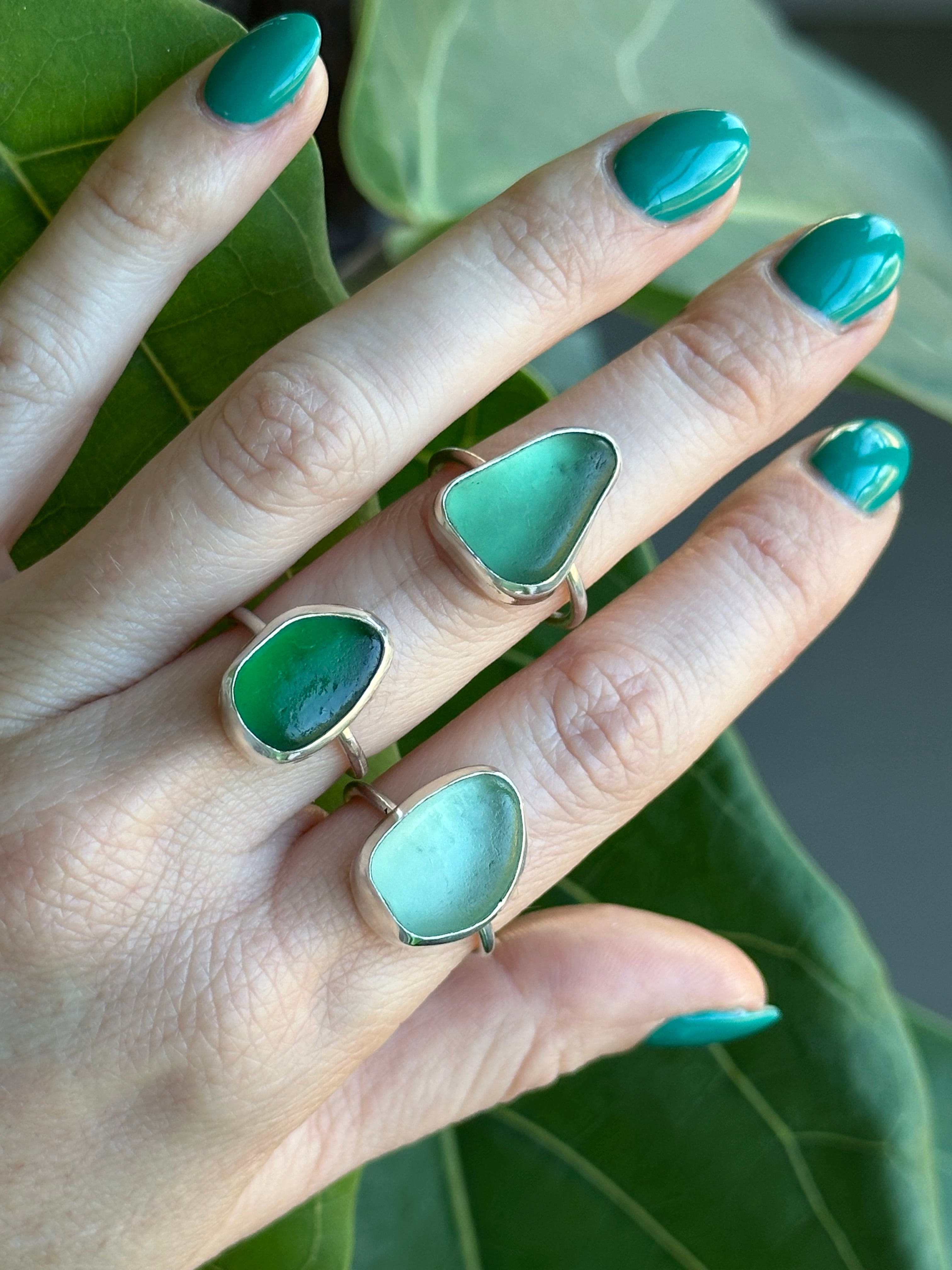 Lime Green Bezeled Sea Glass Ring Size 6.5