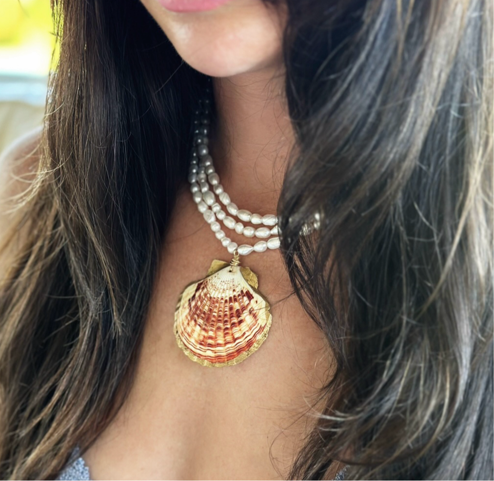 Multi Layered Pearl and Scallop Shell Beaded Necklace